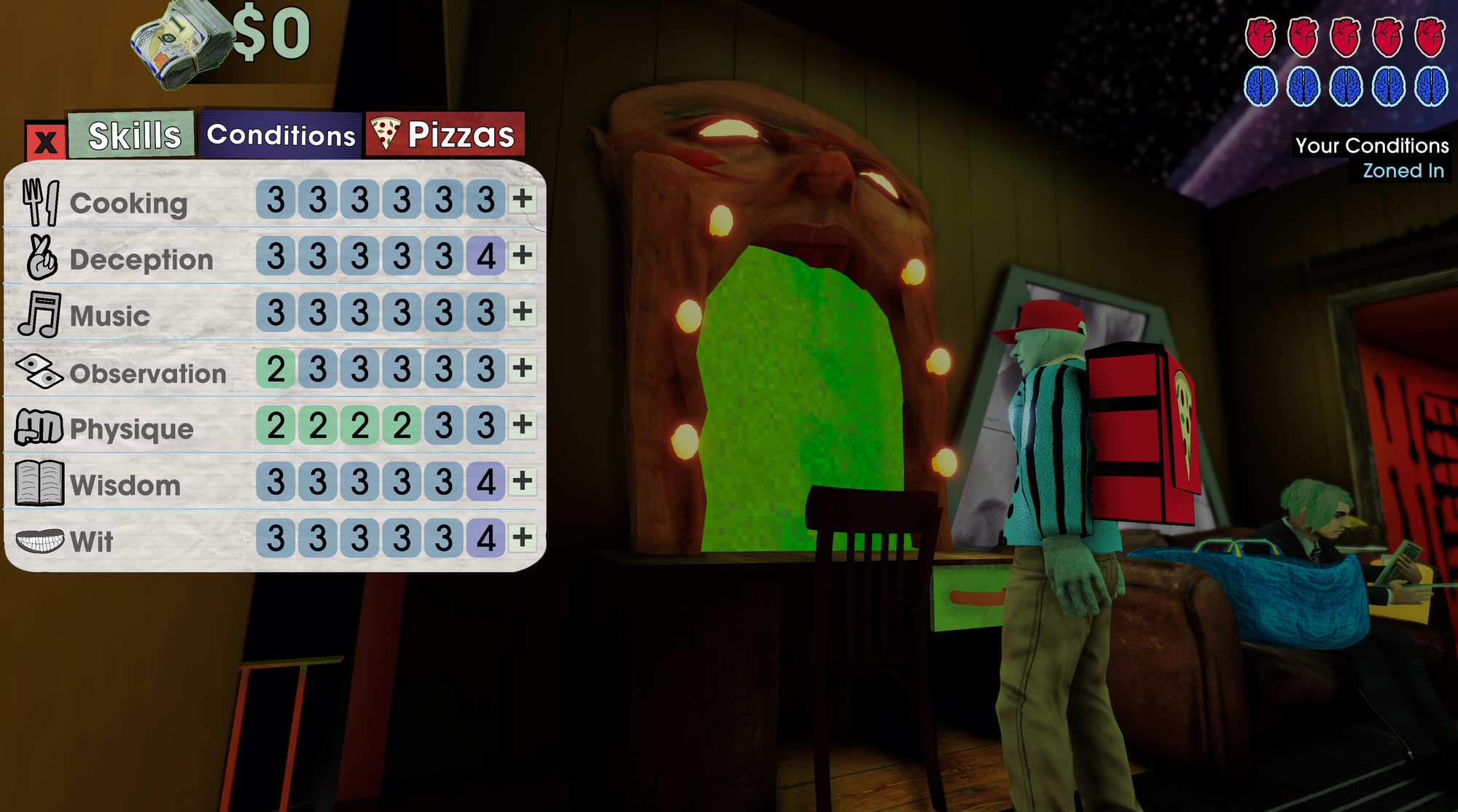 A screenshot from the game Betrayal From Club Low. The large UI has many stats on the left, while the rest of the screen is a 3D environment