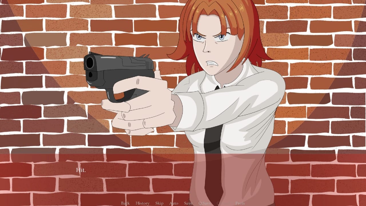 A screenshot from Time of the Lilies. A character wearing a white shirt and black tie is holding a gun; they are standing against a brick wall.
