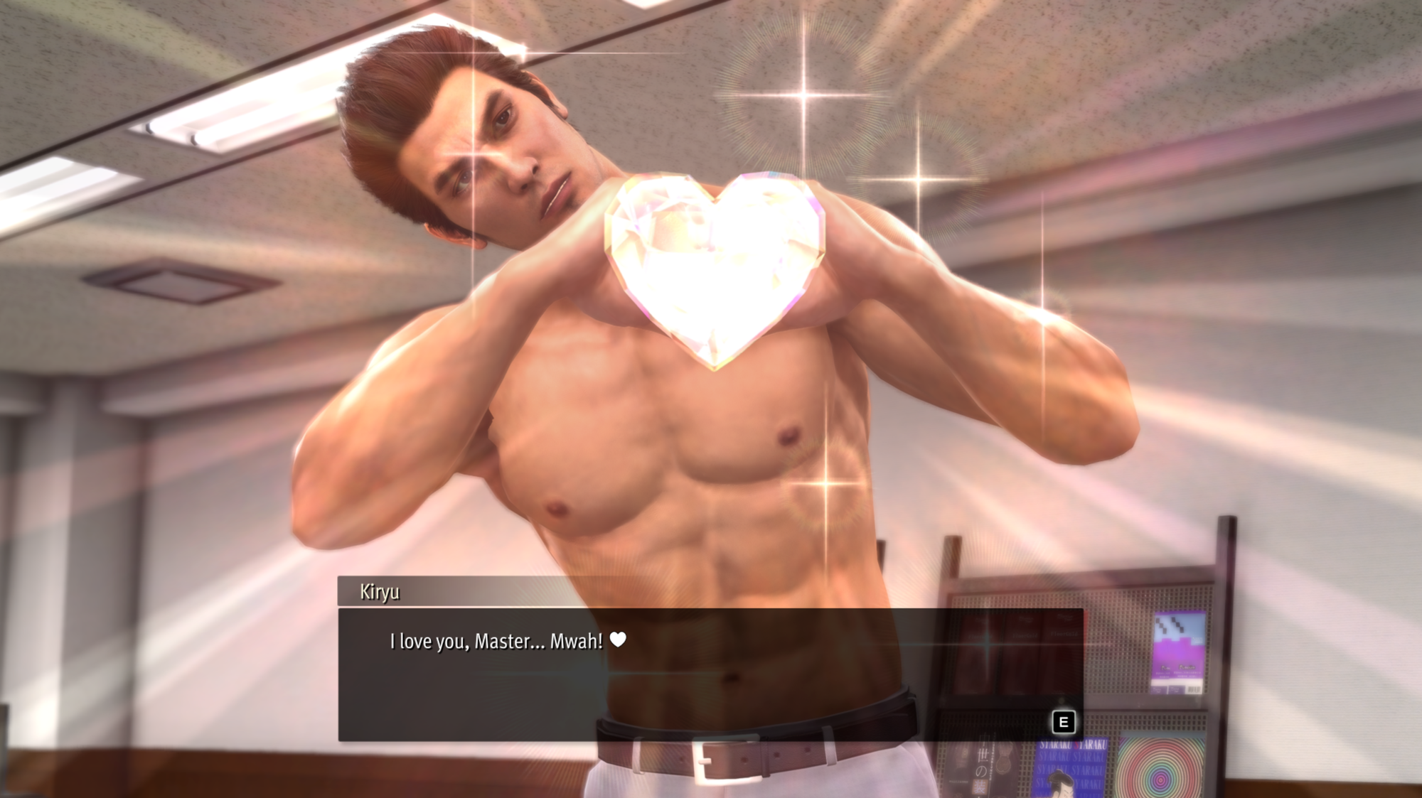 A screenshot from Yakuza Kiwami 2. Kiryu is half-naked and making a heart shape with his hands. The text reads: "I love you, Master... Mwah! 💖"