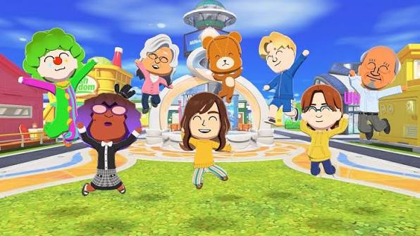 A screenshot of Tomodachi Life: Living The Dream. Eight Miis are jumping happily in front of a wishing fountain.