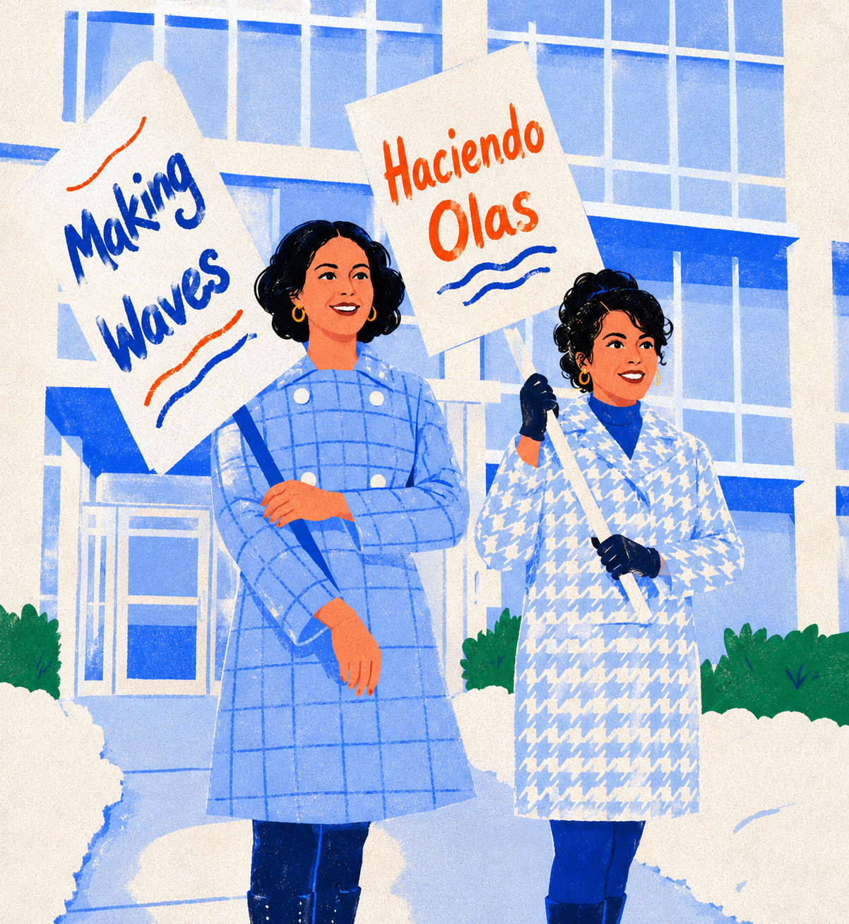 Editorial illustration titled Rising Mujeres — Haciendo Olas, depicting Latinas across sectors of American life.