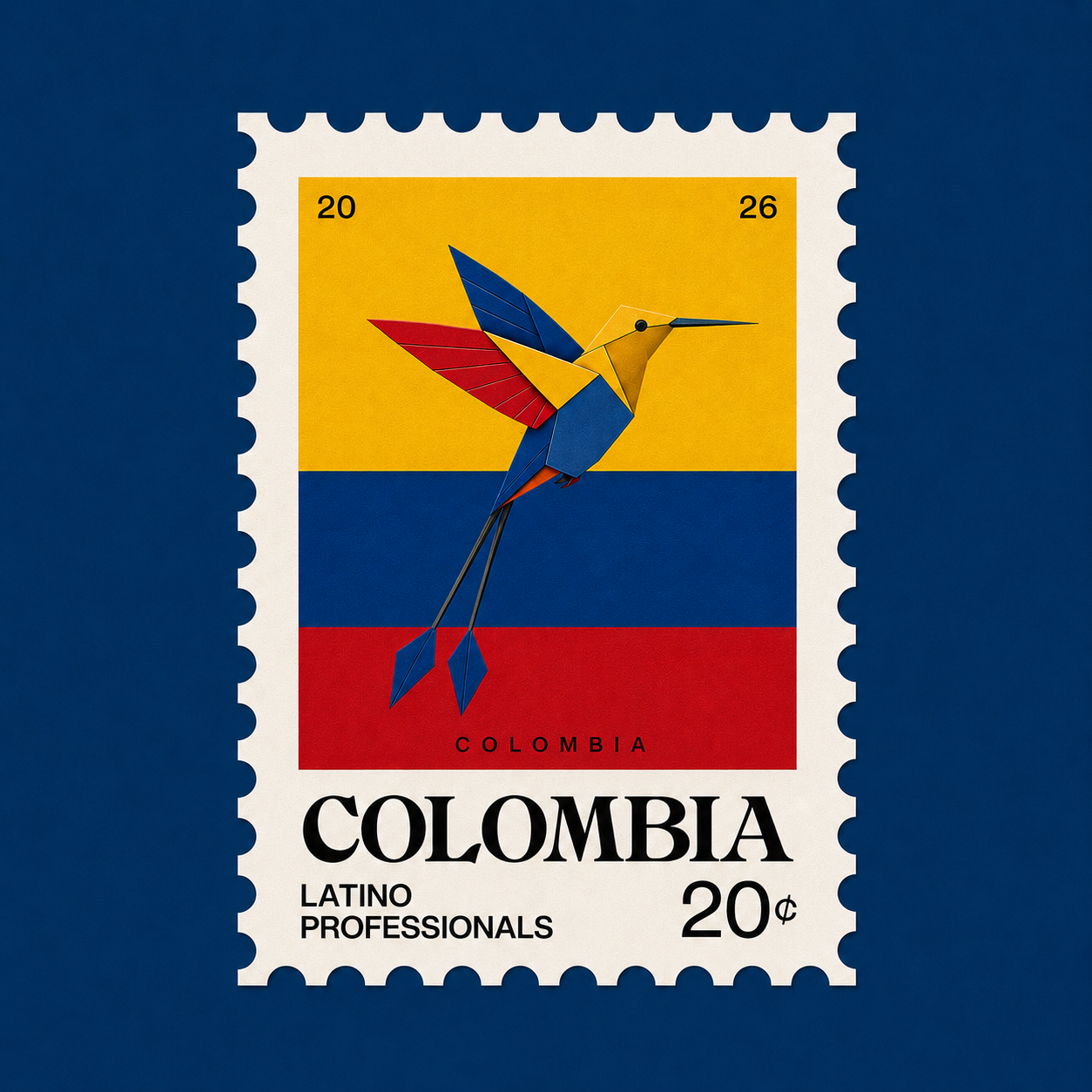 Abstract bird graphic — a mark of Colombian heritage and pride.