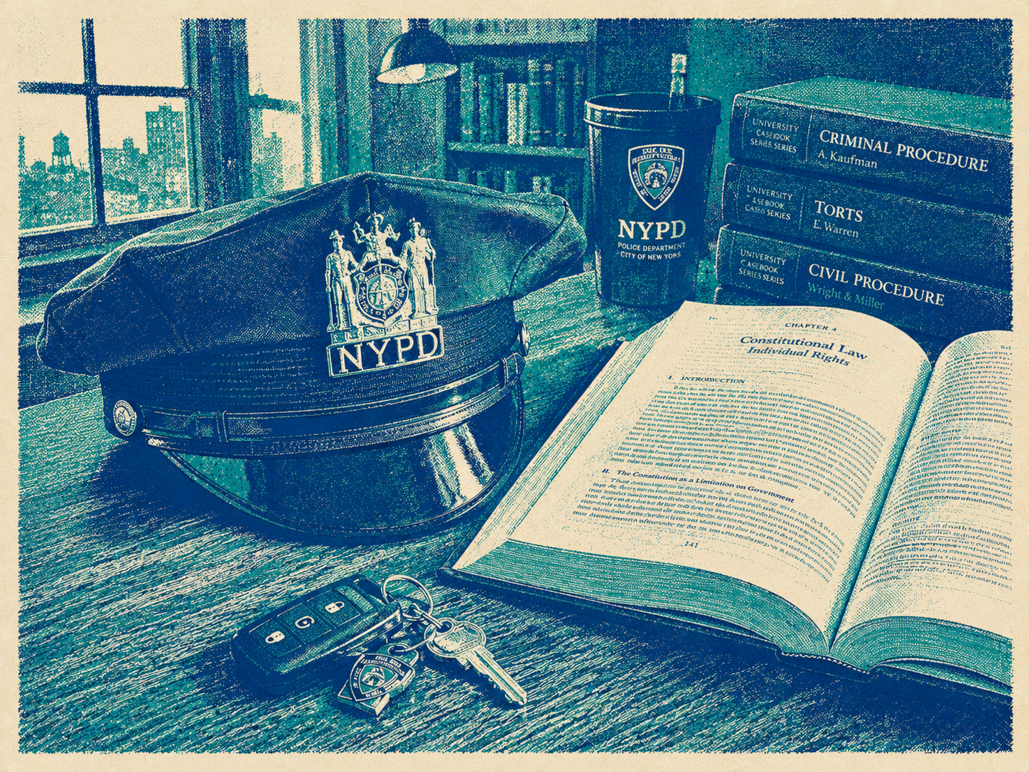 An NYPD cap, a set of keys, and open law school textbooks on a desk