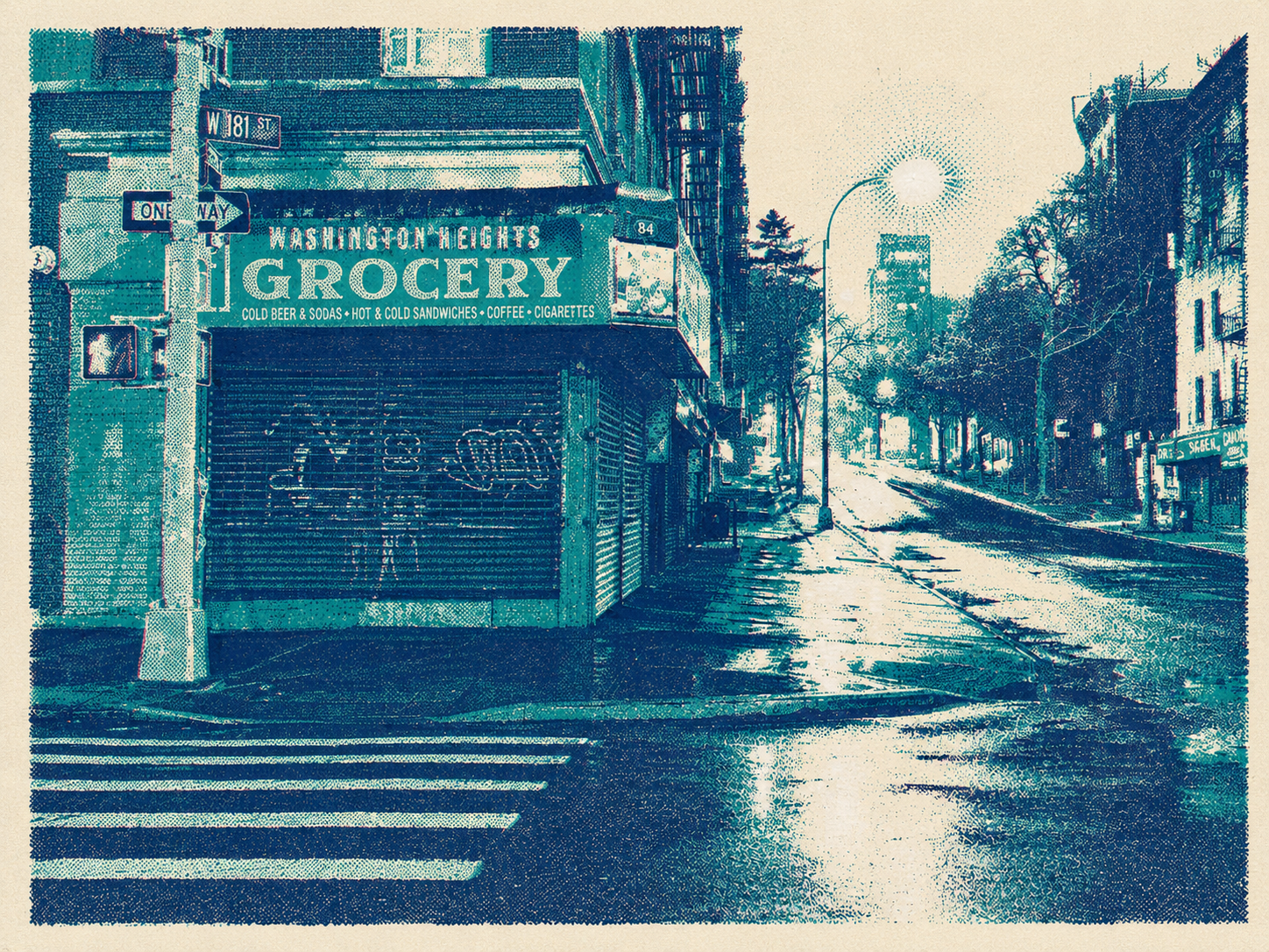 Washington Heights before dawn, a closed bodega on West 181st Street