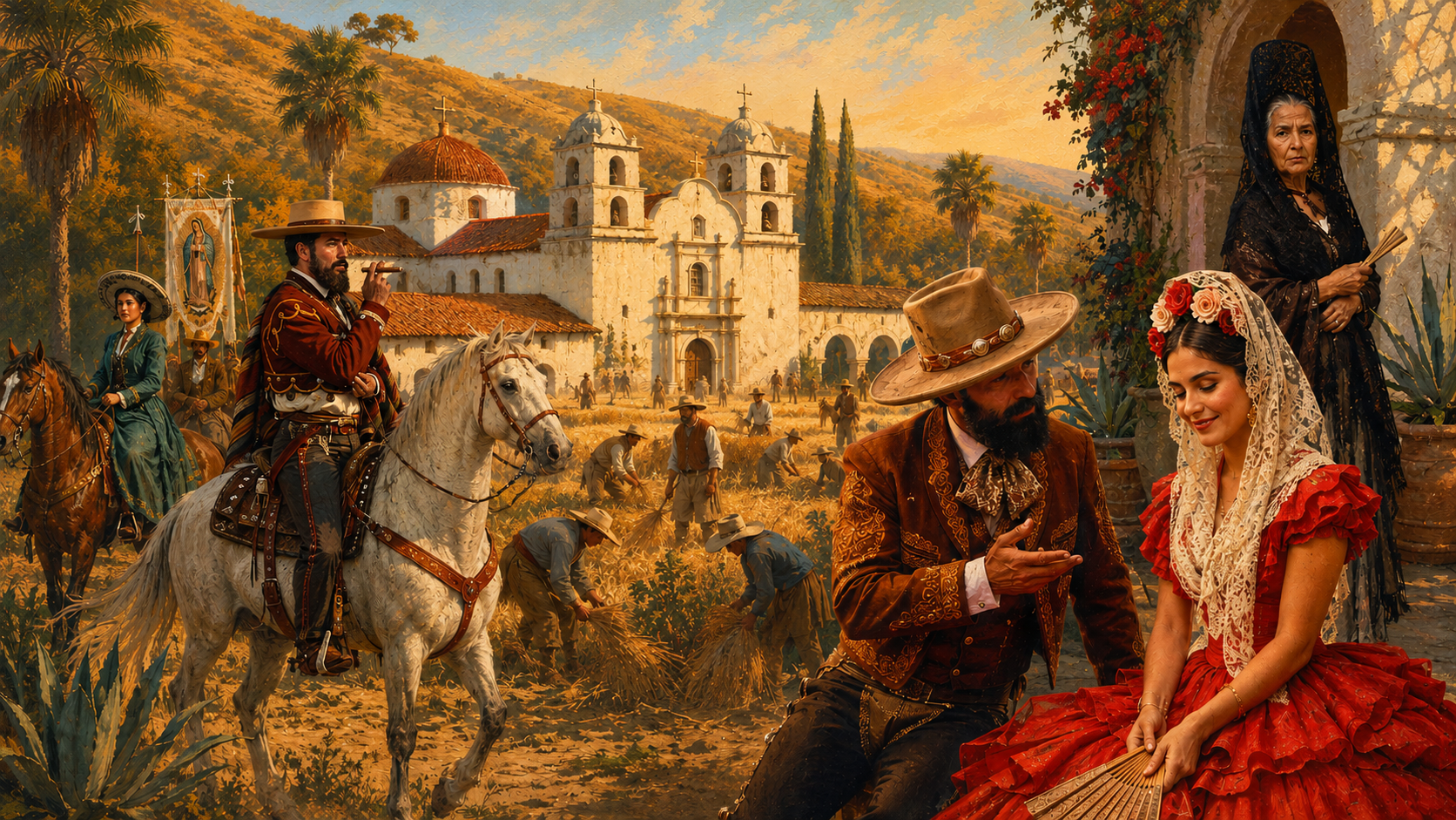 Illustration of Californio rancho families governing land, water, and cattle before the Mexican-American War. Illustration of Californio rancho families governing land, water, and cattle before the Mexican-American War.