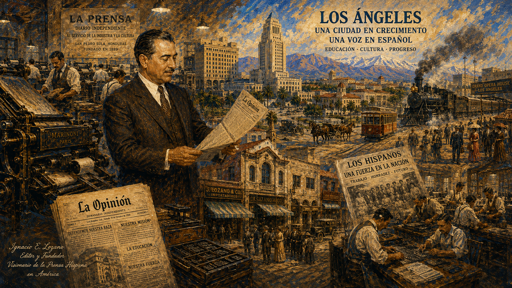 Illustration of La Opinión, the Spanish-language newspaper founded by Ignacio E. Lozano in 1926. Illustration of La Opinión, the Spanish-language newspaper founded by Ignacio E. Lozano in 1926.