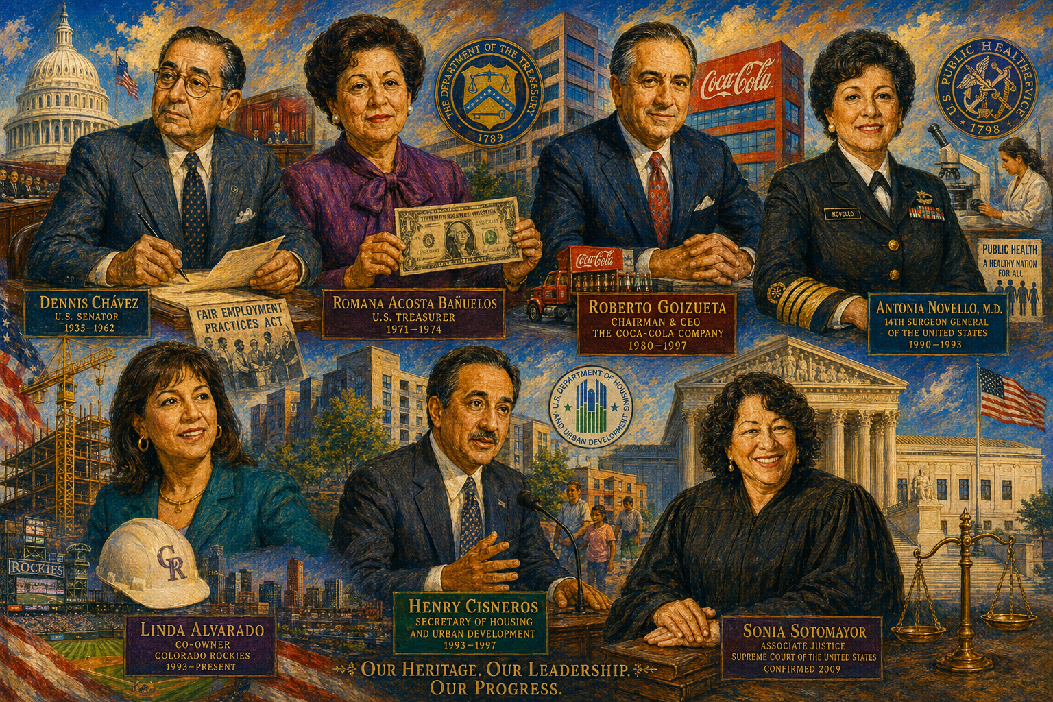 Illustration honoring twentieth-century Hispanic and Latino leaders in American history. Illustration honoring twentieth-century Hispanic and Latino leaders in American history.