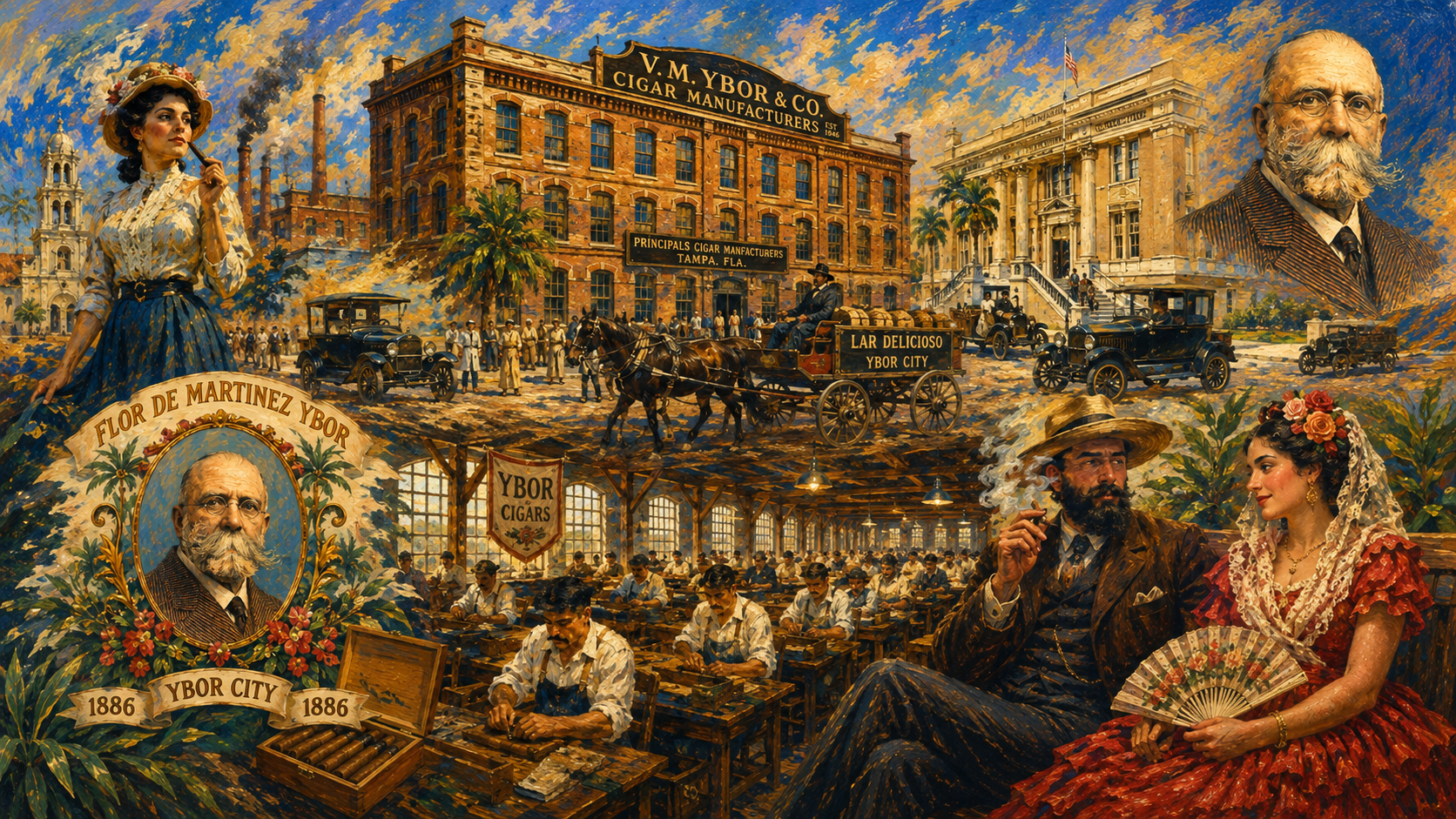 Illustration of the Ybor City cigar factories in Tampa, Florida. Illustration of the Ybor City cigar factories in Tampa, Florida.