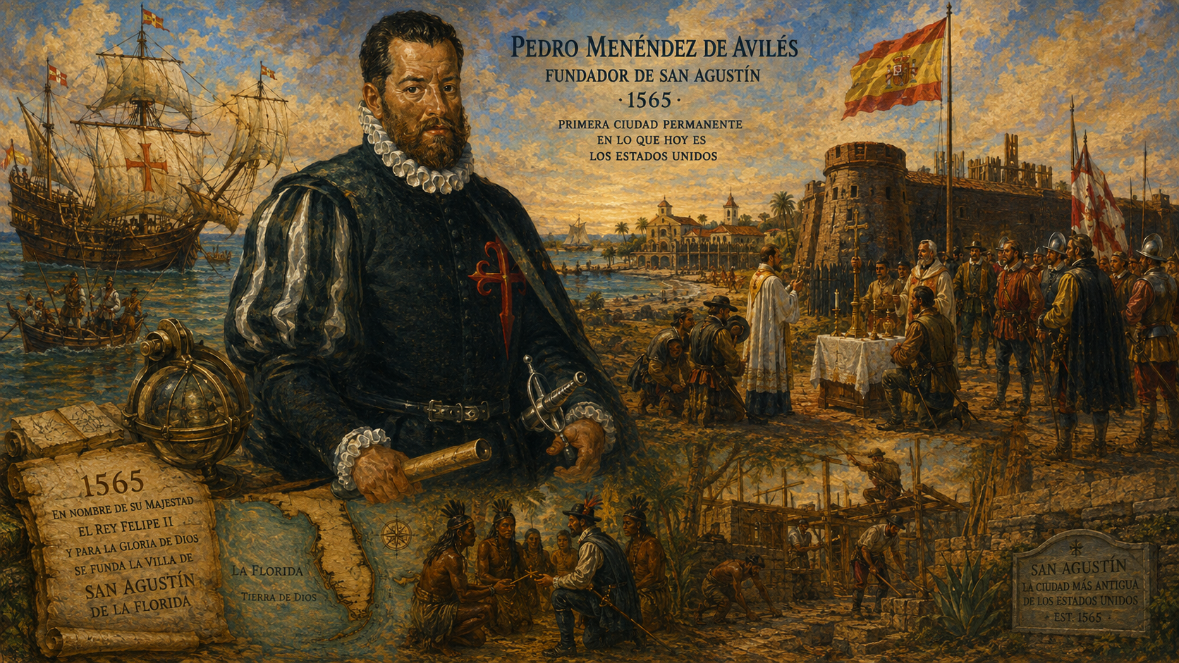 Illustration of St. Augustine, Florida, founded by Pedro Menéndez de Avilés in 1565. Illustration of St. Augustine, Florida, founded by Pedro Menéndez de Avilés in 1565.