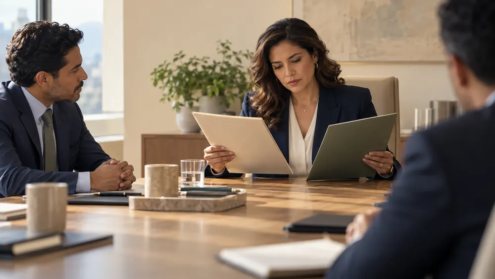 An executive considering project folders while colleagues listen.