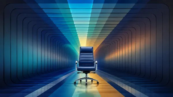 An empty dark blue leather executive chair sits centered in a symmetrical tunnel of blue-to-amber light, a conceptual image of an open seat of board leadership.