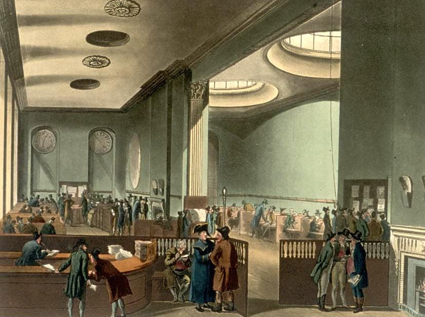 An 1809 aquatint of the Lloyd's Subscription Room, crowded with underwriters and brokers