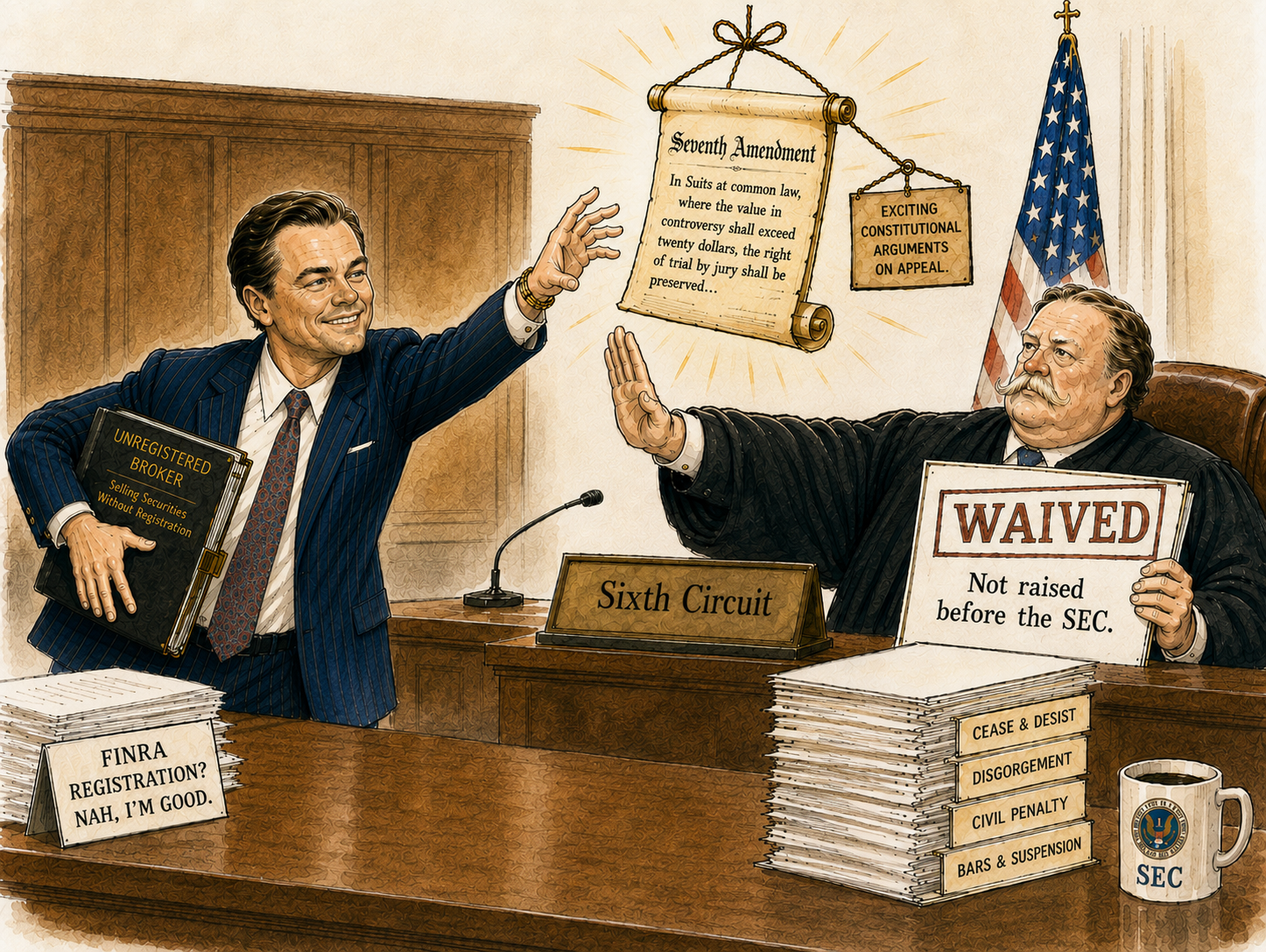 Editorial illustration of a Wolf-of-Wall-Street-style broker in a courtroom reaching toward a glowing Seventh Amendment scroll, while a Sixth Circuit judge raises a hand and holds a placard reading “WAIVED — Not raised before the SEC,” beside a sign reading “FINRA registration? Nah, I’m good” and a stack of SEC sanctions.