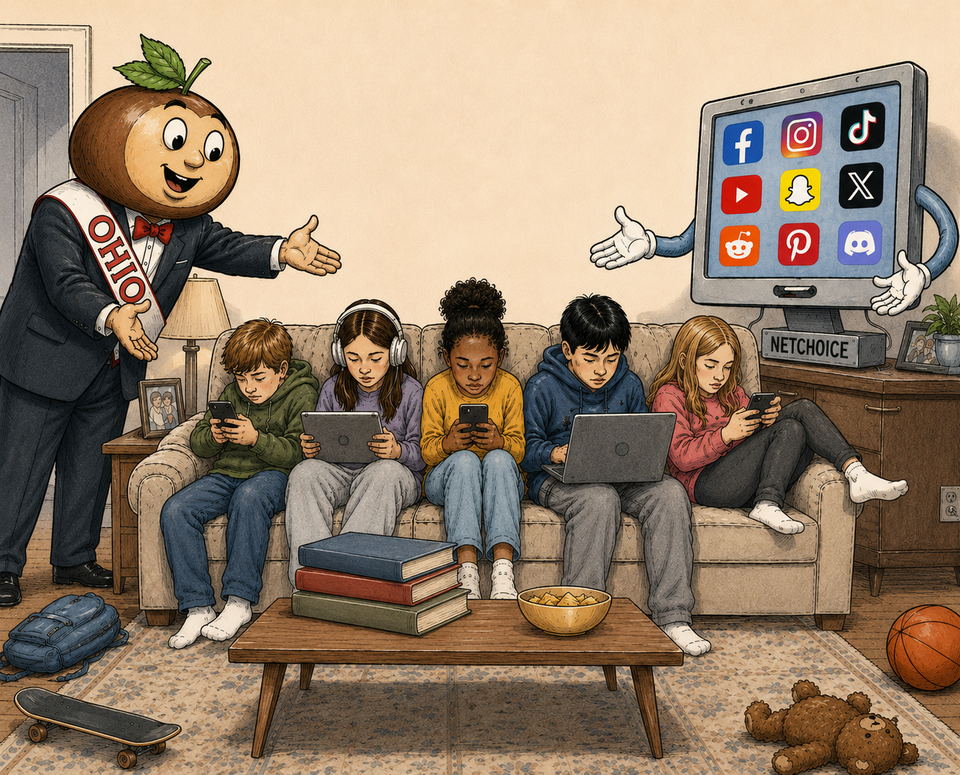 Editorial illustration: a Buckeye mascot in an Ohio sash and a giant tablet creature covered in social-media icons 