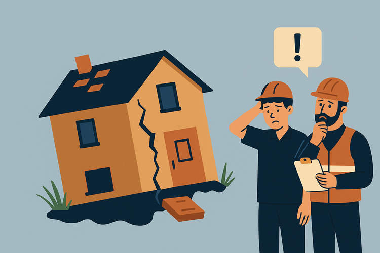 “Illustration of a cracked house with no foundation and two construction workers looking concerned”