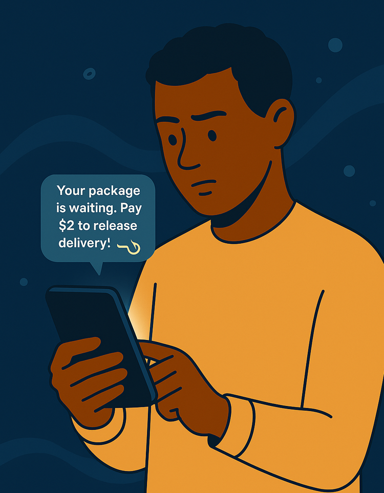 Illustration of a person reading a scam text about a package delivery fee on their phone, looking cautious.