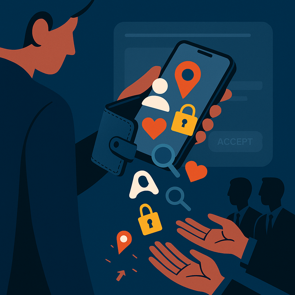 A person holding a smartphone styled like a wallet, with personal data icons spilling into the hands of unseen recipients below, suggesting silent data exchange in a digital environment.