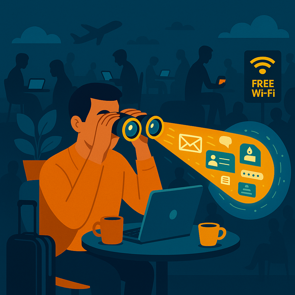 Illustration of a traveler in an airport lounge looking through binoculars at a glowing stream of exposed data while using public Wi-Fi, surrounded by other people on laptops.