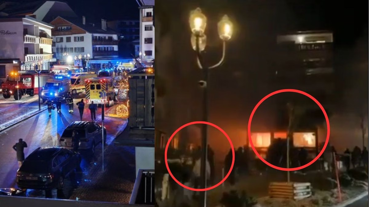 Emergency vehicles and flames seen after a deadly fire ripped through a ski resort bar in the Swiss Alps on New Year’s Eve.