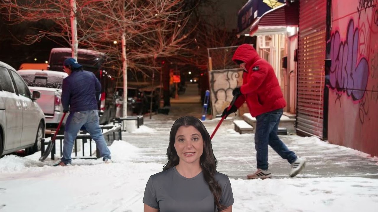 Residents shovel snow from sidewalks in New York City after a winter storm.