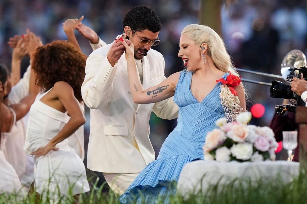 Bad Bunny performing at the Super Bowl halftime show with Puerto Rican cultural set and dancers