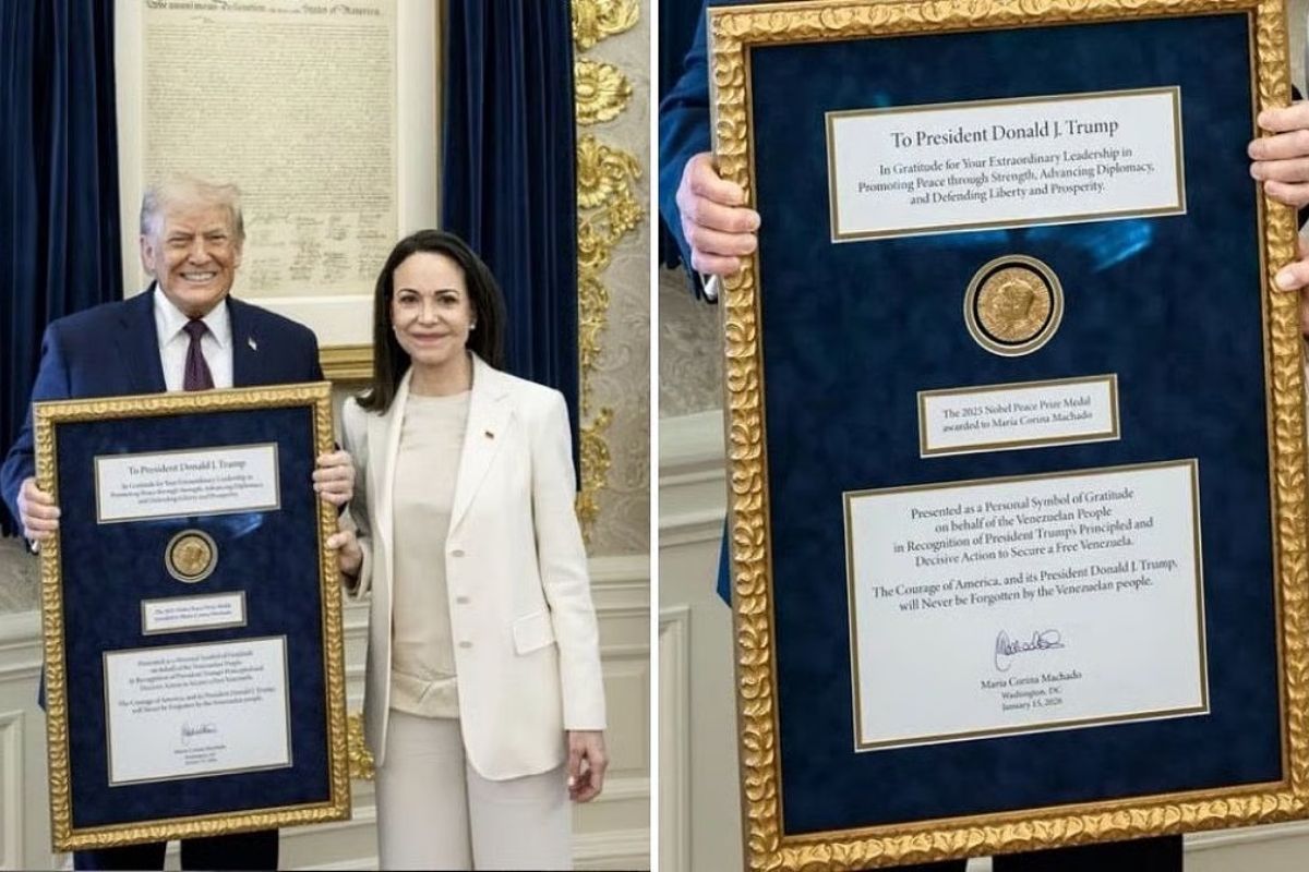 María Corina Machado presents Nobel Peace Prize medal to Donald Trump.