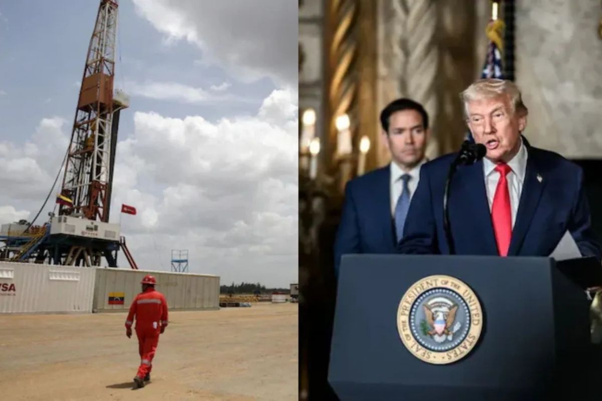Trump speaks as a Venezuelan oil rig stands in the background.