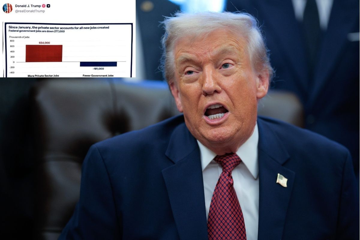 Donald Trump speaks while a chart of unreleased U.S. jobs data he posted early on Truth Social appears behind him.