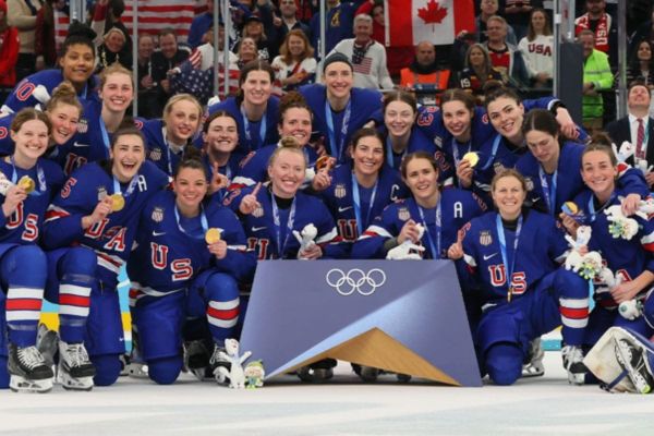 Team USA men’s hockey players during Olympic match after receiving call from Donald Trump