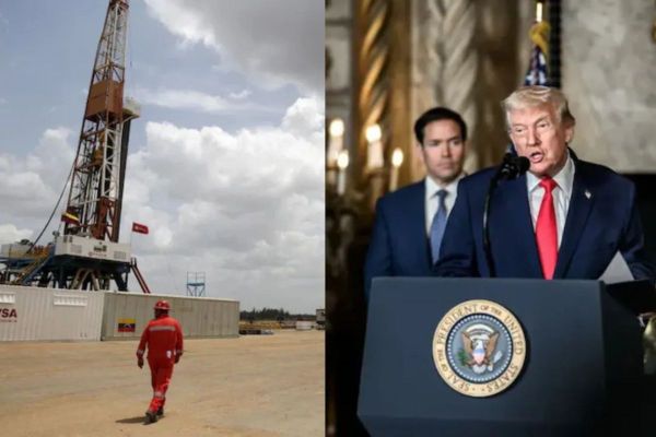 Trump speaks as a Venezuelan oil rig stands in the background.