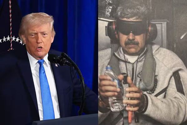Donald Trump and captured Venezuelan President Nicolás Maduro shown after U.S. military operation