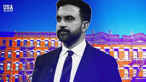 ohran Mamdani standing in front of New York City apartment buildings as his campaign gains traction in the 2025 mayoral race