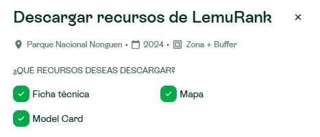 Ventana Descargar recursos de LemuRank para Parque Nacional Nonguén, 2024, Zona + Buffer, con las opciones Ficha técnica, Mapa y Model Card.