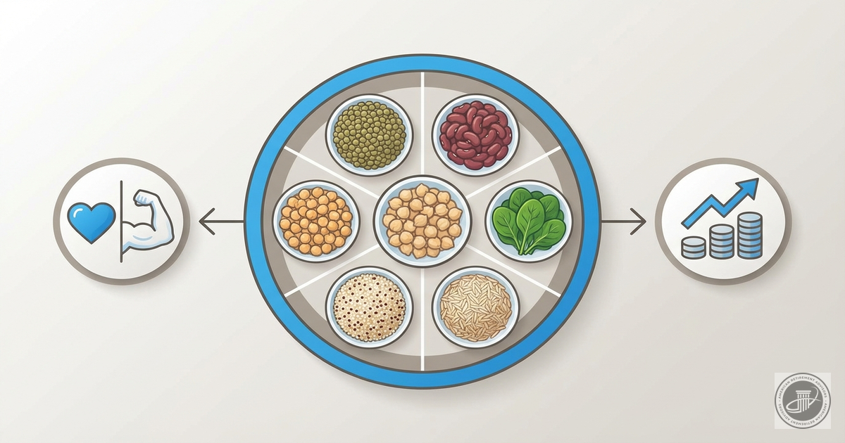 Infographic illustration of plant-based protein sources like lentils, beans, and grains with icons for health and budget on a