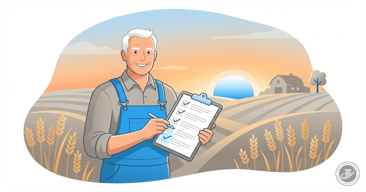 Infographic illustration of a mature farmer in overalls with a checklist clipboard in a golden wheat field at sunset, suggest