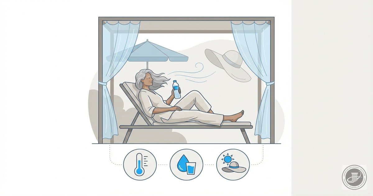 A mature adult in a blue and gray infographic illustration sits under a shaded tree with a water bottle, a cool breeze sugges