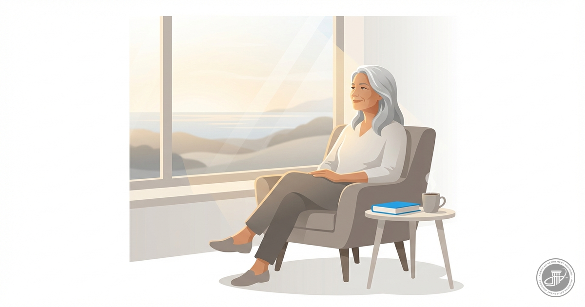 Mature person sits by a sunny window in a contemplative pose, illustrated in a modern style with warm grays, white, and blue 