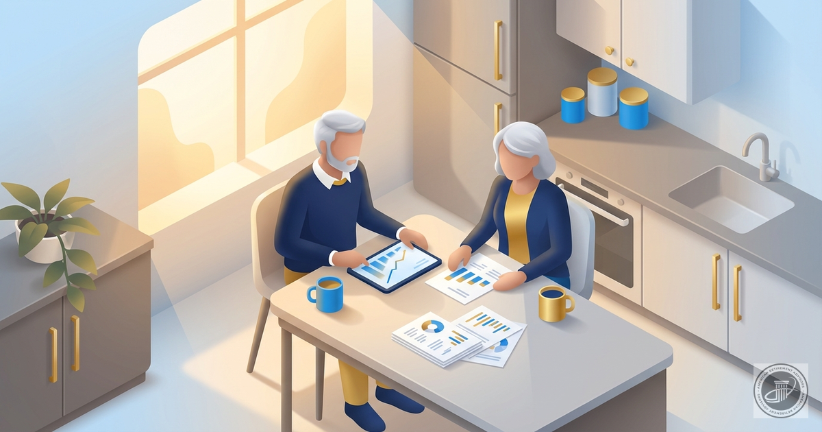 Isometric 3D illustration of a mature couple reviewing financial plans at a kitchen table with warm light.