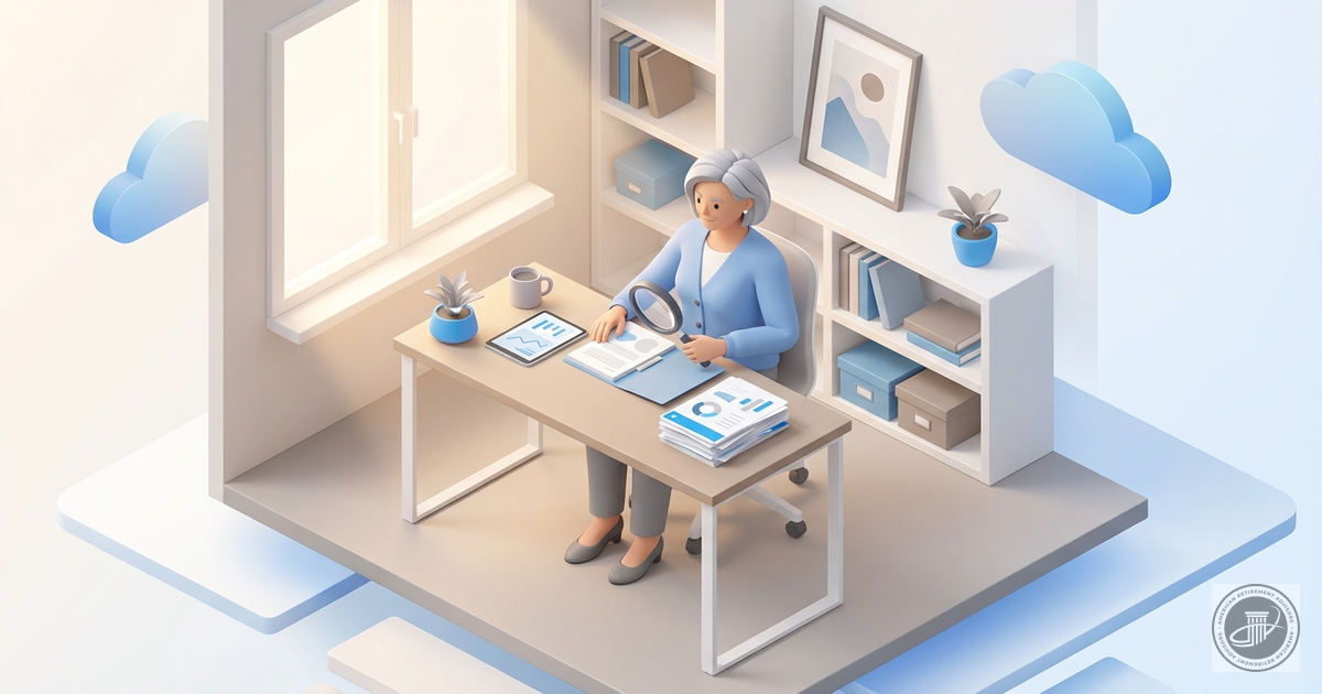 A clean isometric 3D illustration shows a mature woman at a desk, reviewing financial documents with a magnifying glass.