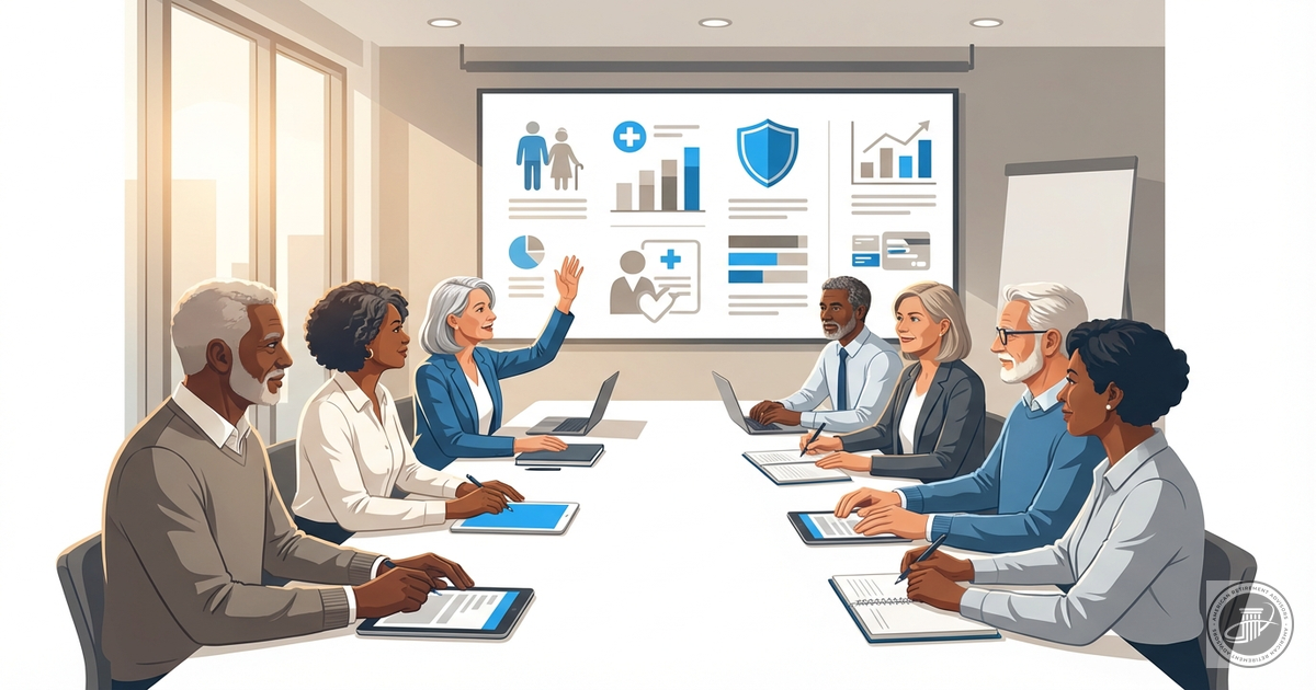 Illustration of diverse mature professionals in a conference room, one raising a hand, learning about Medicare in a warm, pro