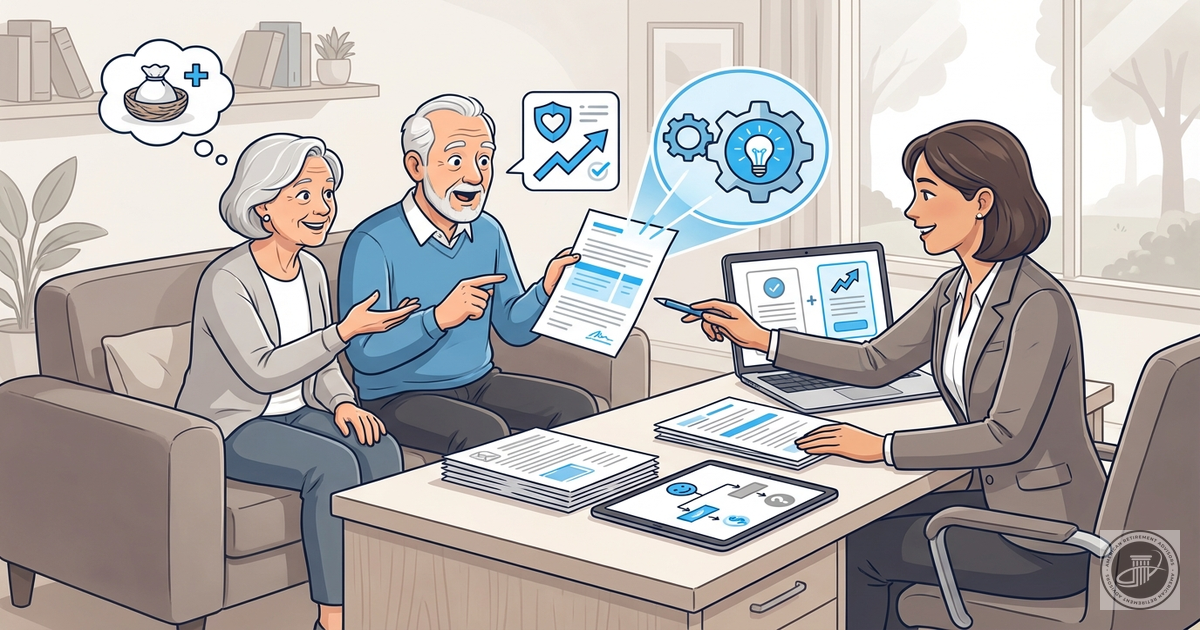 Illustrated image of an elderly couple with a Medicare advisor in an office, reviewing plan options and discovering better be