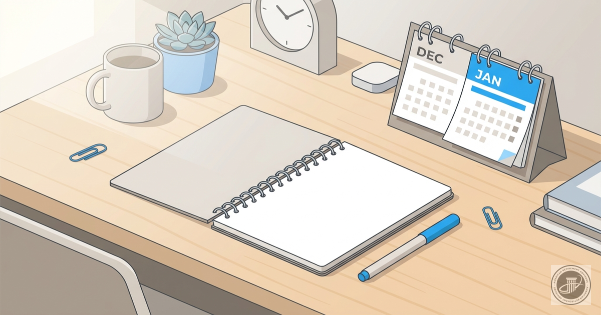 Illustrated desk scene with open notebook, pen, and calendar in warm wood, white, and blue tones.