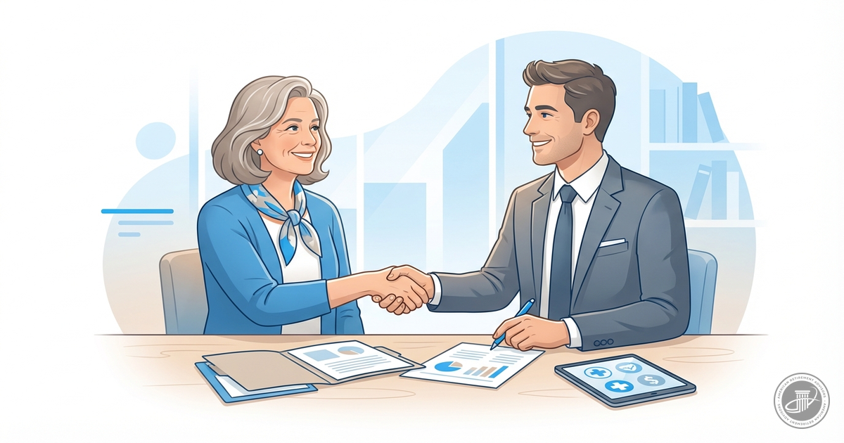 An illustration shows a smiling mature woman and a professional advisor shaking hands across a desk in a warm, modern office.