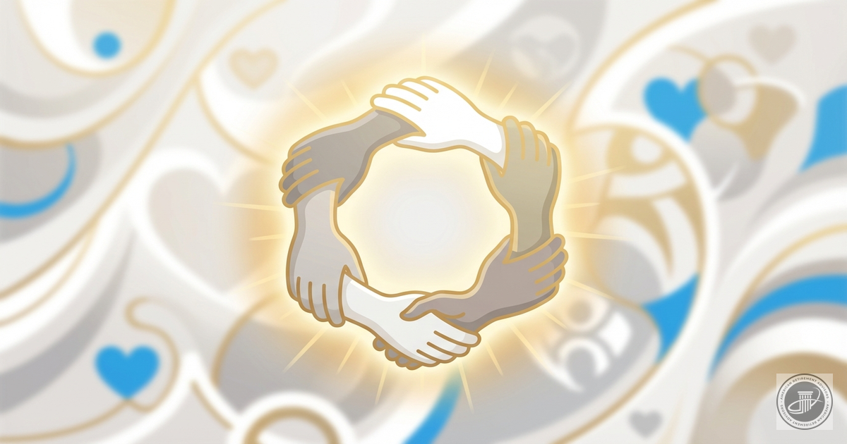 A professional infographic illustration of diverse, stylized hands clasped in a warm, glowing circle, symbolizing unity and l