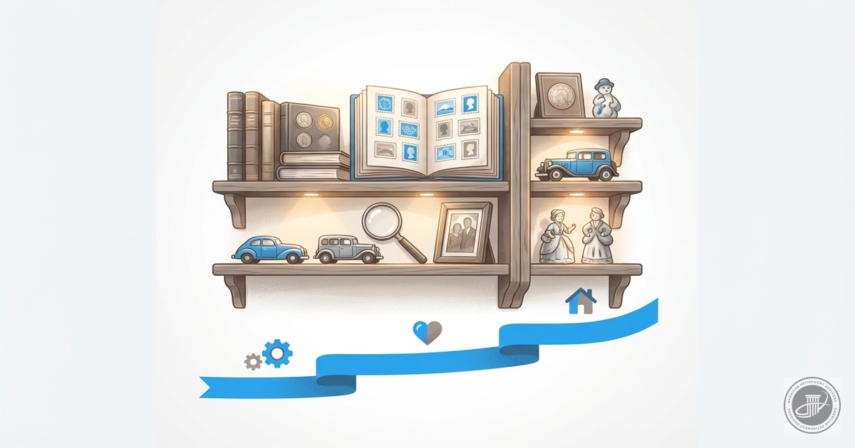 Illustrated vintage collectibles on antique wooden shelves in a warm, clean infographic style with blue accents.