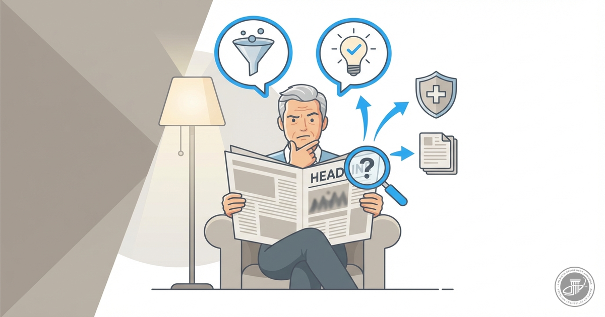 A mature person in a cozy armchair with a skeptical expression reads a newspaper, filtering information as shown by infograph
