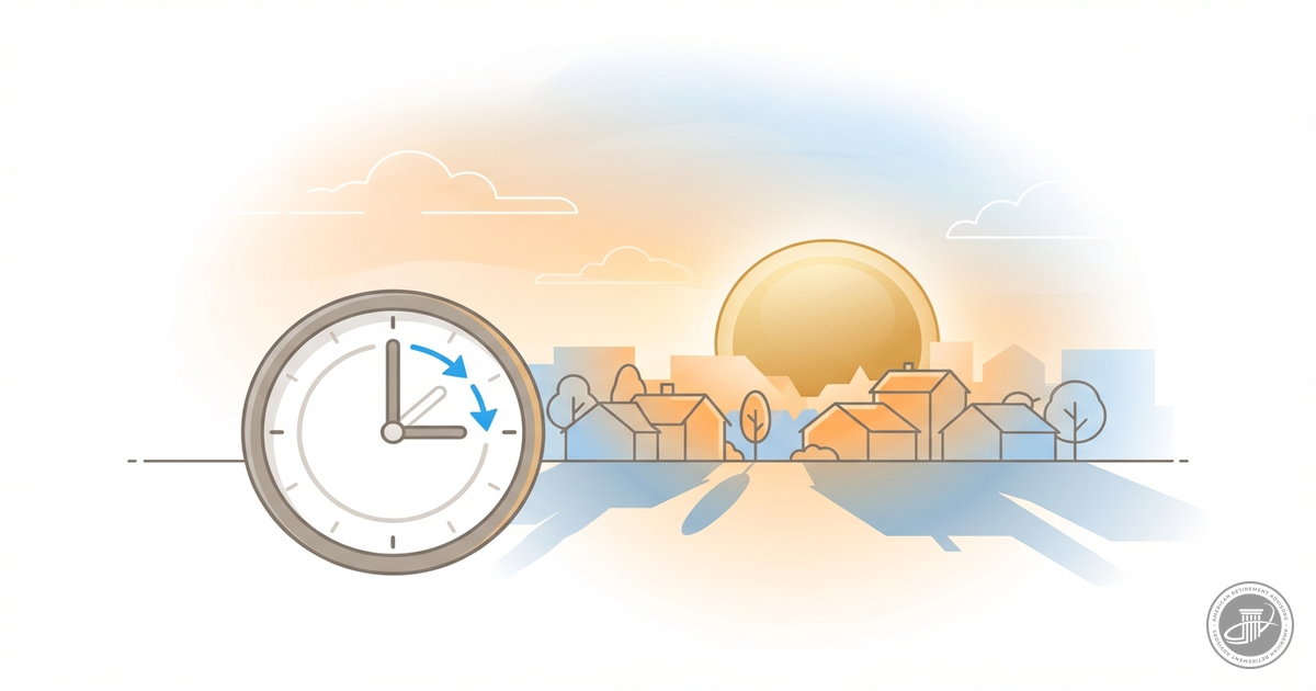 Illustration of a suburban sunset with a stylized clock showing a time change.