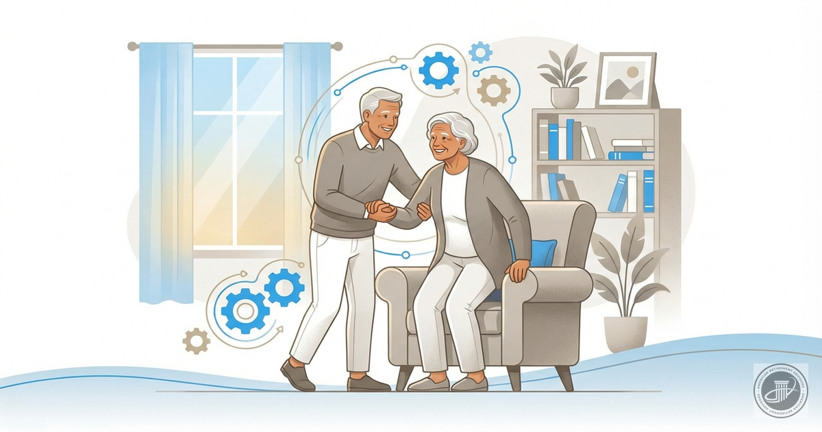 Illustration of a younger older adult gently helping an older adult stand from a chair in a cozy, home setting, with subtle b