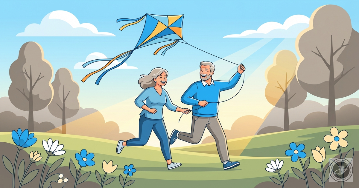 An illustration of an active older couple flying a kite in a park with spring flowers, rendered in a clean, blue and warm gra