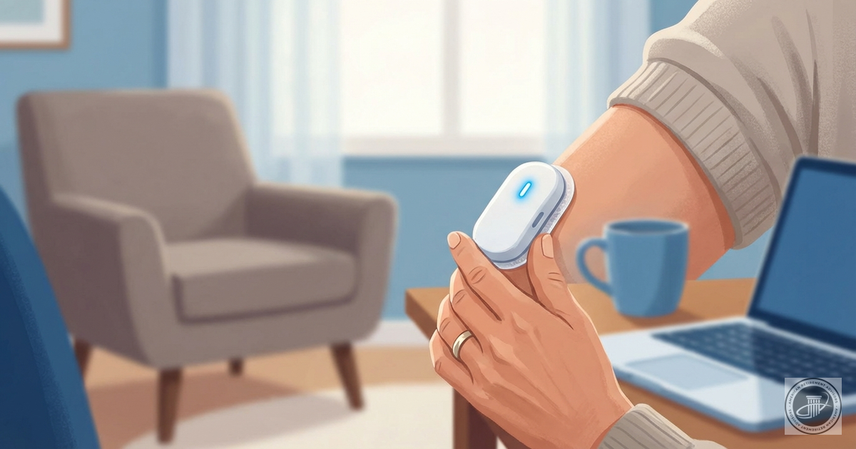 Modern illustration of a mature hand holding a sleek continuous glucose monitor with a soft blue light.